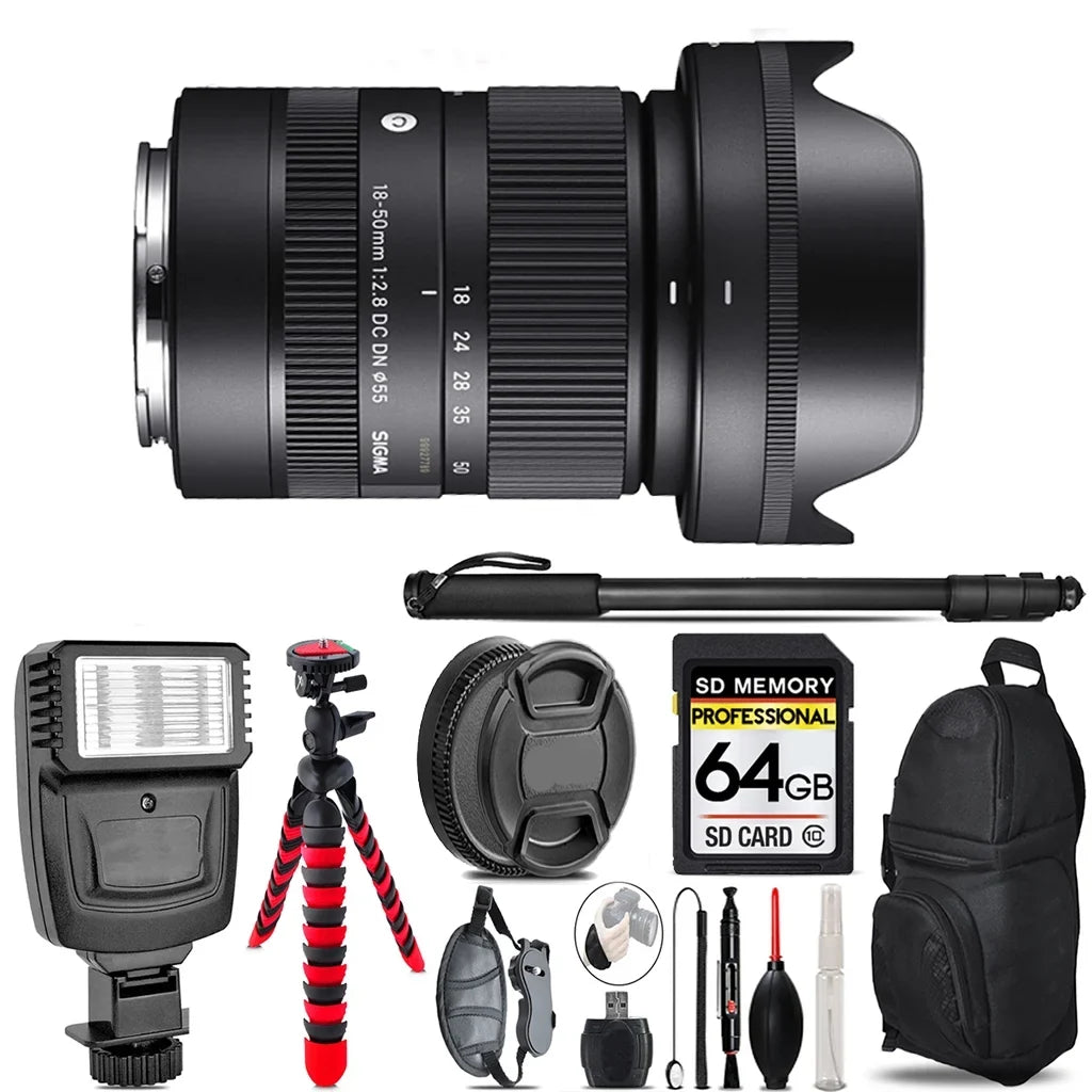 Sigma 18-50mm f/2.8 DC DN Contemporary Lens for Sony E - Video Kit + Flash - 64GB Accessory Bundle