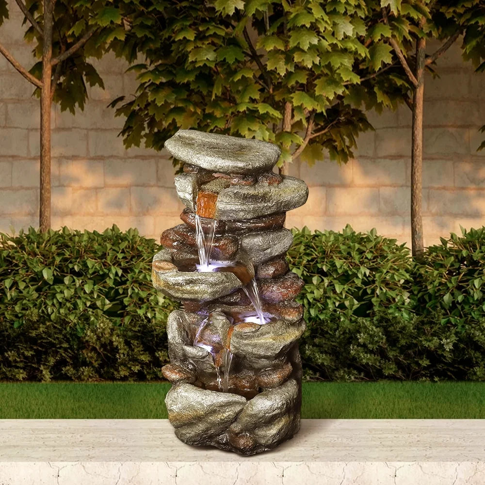Unit High Outdoor Water Fountain with LED Lights - Cascading Water Feature for Home, Garden, Patio and Deck Decor