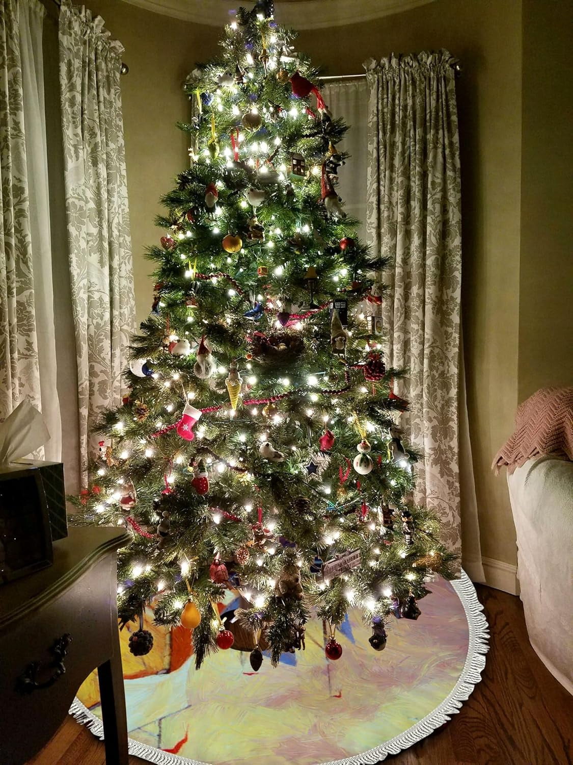 Wellsay Christmas Tree Skirt Fishing Boats Sea Landscape with Tassel 30 Inch Xmas Tree Decorations Farmhouse for All Season Holidays Wedding Party Slim Tree Mat Decor Ornaments