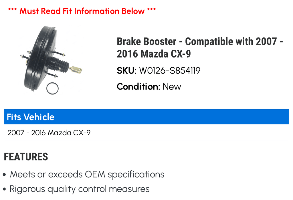 Brake Booster - Compatible with 2007 - 2016 Mazda CX-9 2008 2009 2010 2011 2012 2013 2014 2015