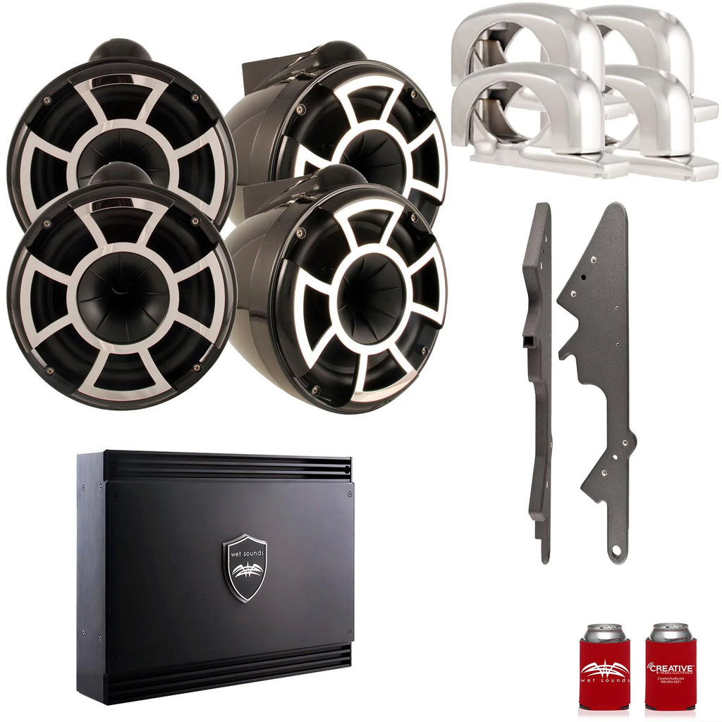 Wet Sounds For Malibu G3: Two Pairs of REV10B-SC 10" Dark Swivel Tower Speakers with G3 Adapters & SDX2 Amplifier