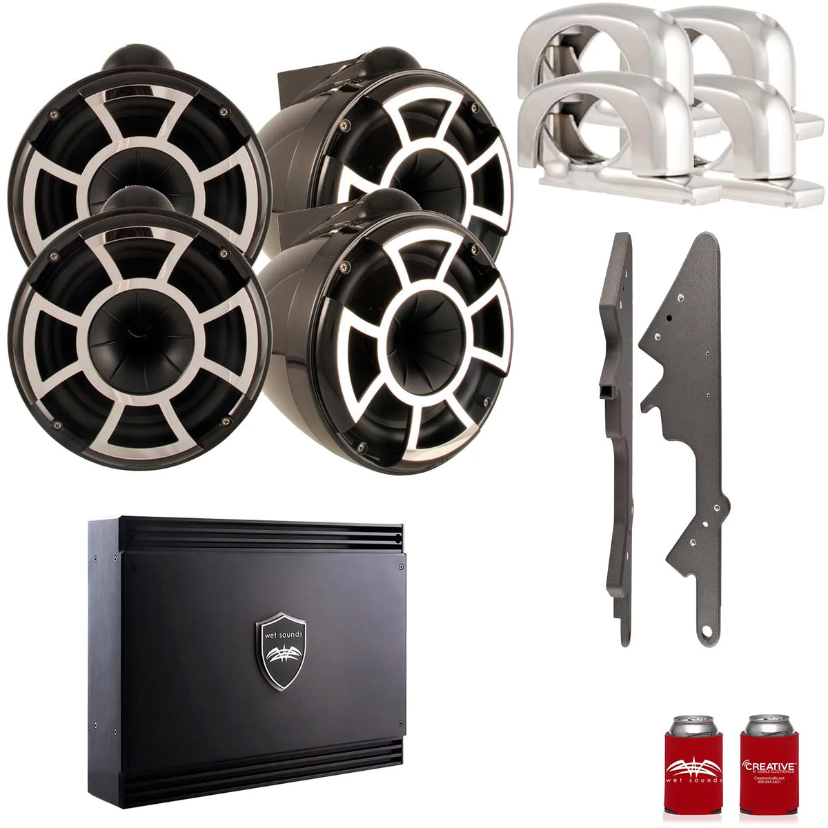 Wet Sounds For Malibu G3: Two Pairs of REV10B-SC 10" Dark Swivel Tower Speakers with G3 Adapters & SDX2 Amplifier