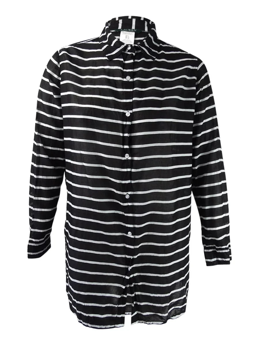 Lauren Ralph Lauren Women's Striped Camp Shirt Cover-Up Charcoal XS)