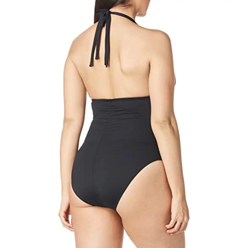 La Blanca Women's Standard Island Goddess V-Neck Halter Mio One Piece Swimsuit, Charcoal 4