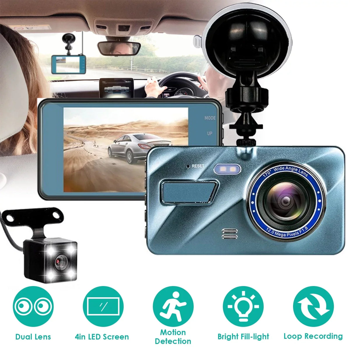 Car Dash Camera, iMounTEK Front and Rear Dual Dash Cam, 170° Super Wide Angle, Inch Screen, G-Sensor, Parking Monitor, Motion Detection