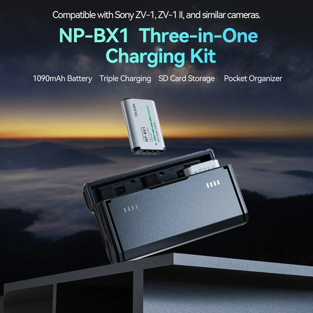 Dcenta Charging Case with TELESIN CMR-001 2pcs NP-BX1 Batteries + 3-Slot Battery: Compatible with Sony ZV-1/ RX100M6/ H400/ WX350/ RX100/ HX50/ HDR-PJ410/ FDR-X3000R/ HDR-CX405/ FDR-