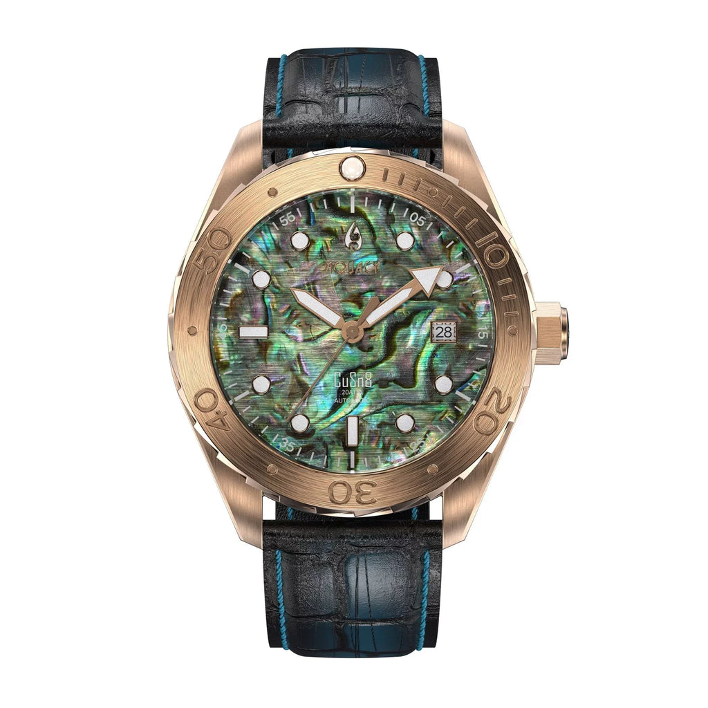 Aquacy Bronze CuSn8 Abalone Automatic Diver Watch BR.AB.8215.L - Screw Down 316L Stainless Case Back - 200M Water Resistance - 40 Hours Approx Power Reserve Dive Swimming Wrist Watches For Men