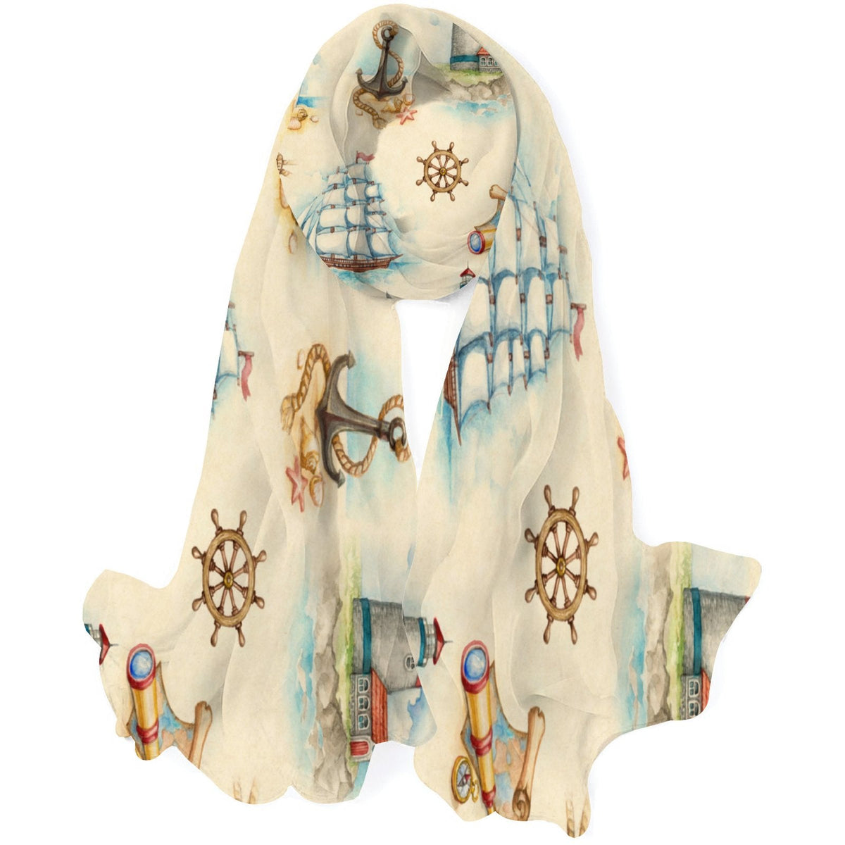 FREEAMG Nautical Watercolor Silk Long Scarf for Women Large Oblong Sunscreen Shawls Wraps Neck Headscarf Hair Wraps Gift Packed