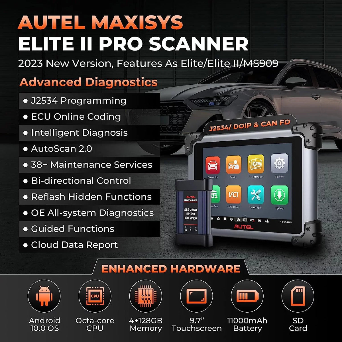 Autel MaxiSys Elite II Pro Car Diagnostic Scan Tool Intelligent Diagnostic 2.0, J2534 ECU Programming & Coding, 38+ Services 2 Years Free New Ver. of MS919/ MS909/ Elite 2