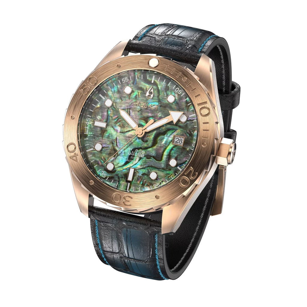 Aquacy Bronze CuSn8 Abalone Automatic Diver Watch BR.AB.8215.L - Screw Down 316L Stainless Case Back - 200M Water Resistance - 40 Hours Approx Power Reserve Dive Swimming Wrist Watches For Men