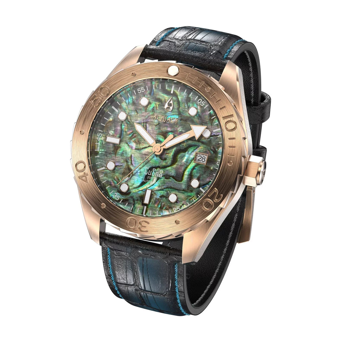 Aquacy Bronze CuSn8 Abalone Automatic Diver Watch BR.AB.8215.L - Screw Down 316L Stainless Case Back - 200M Water Resistance - 40 Hours Approx Power Reserve Dive Swimming Wrist Watches For Men