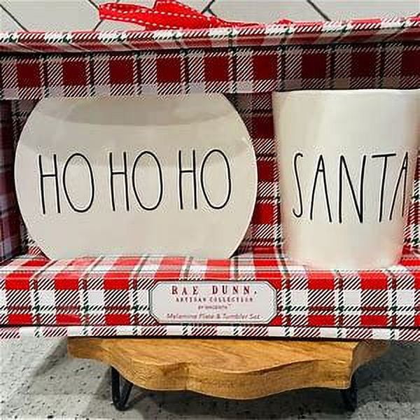 Rae Dunn HO HO HO Oval Plate and SANTA Tumbler Ivory Melamine with Charcoal LL Letters Gift Set Christmas