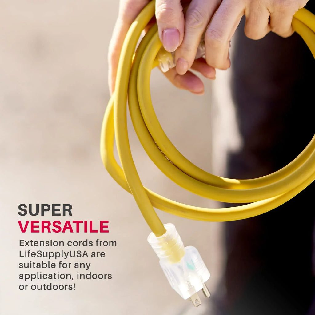 LifeSupplyUSA 100 ft Yellow Extension Cord - Durable Outdoor & Indoor Use, 16 Gauge, 3 Prong, Lighted, Flexible, Oil & Abrasion Resistant, 10 AMP, 125V, 1250W, Smart Plug Compatible.