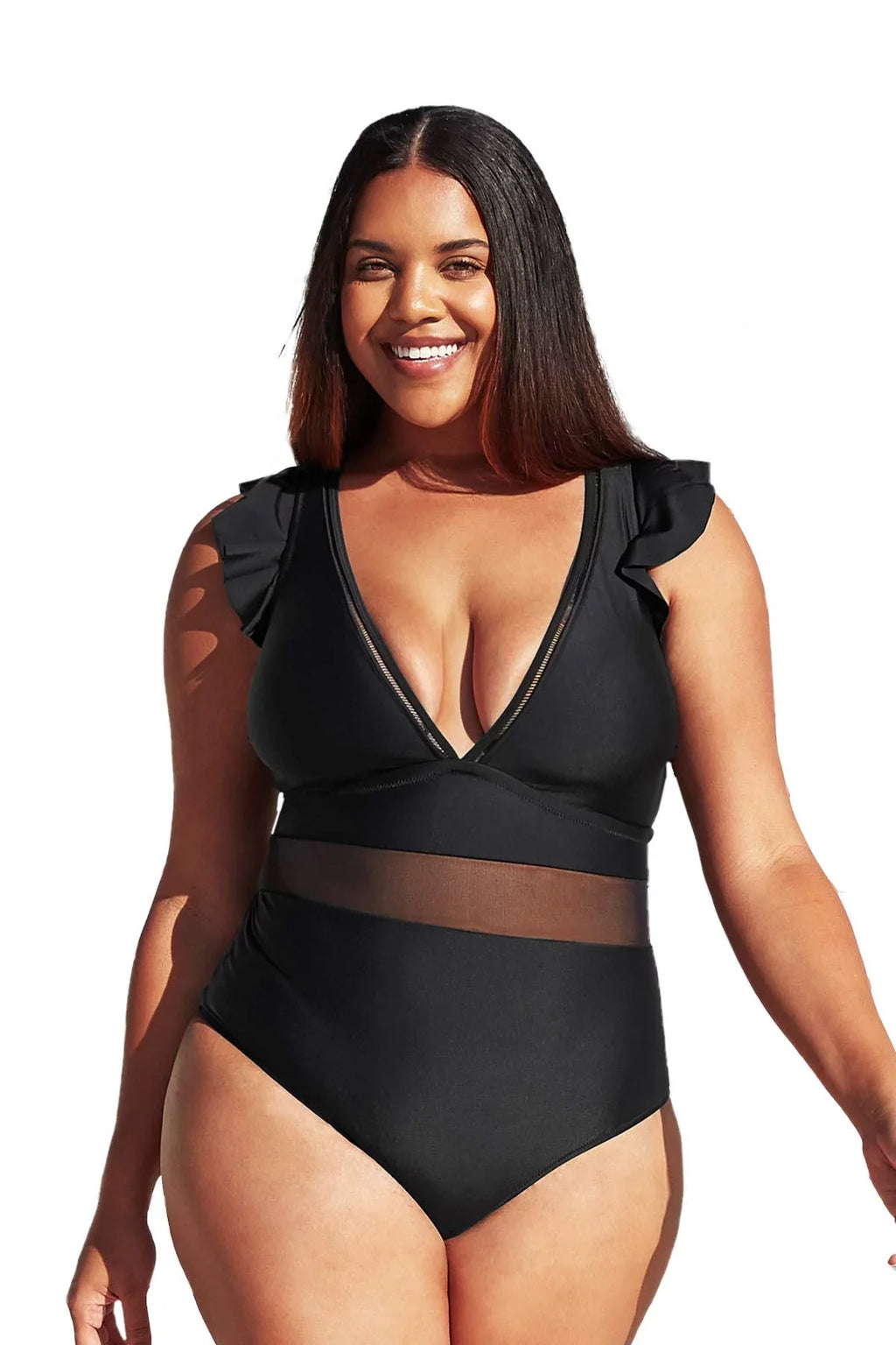 Cupshe Women's Plus Size One Piece Dark V Neck Ruffle Mesh Bathing Suit, XXXXL