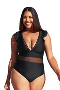 Cupshe Women's Plus Size One Piece Dark V Neck Ruffle Mesh Bathing Suit, XXXXL