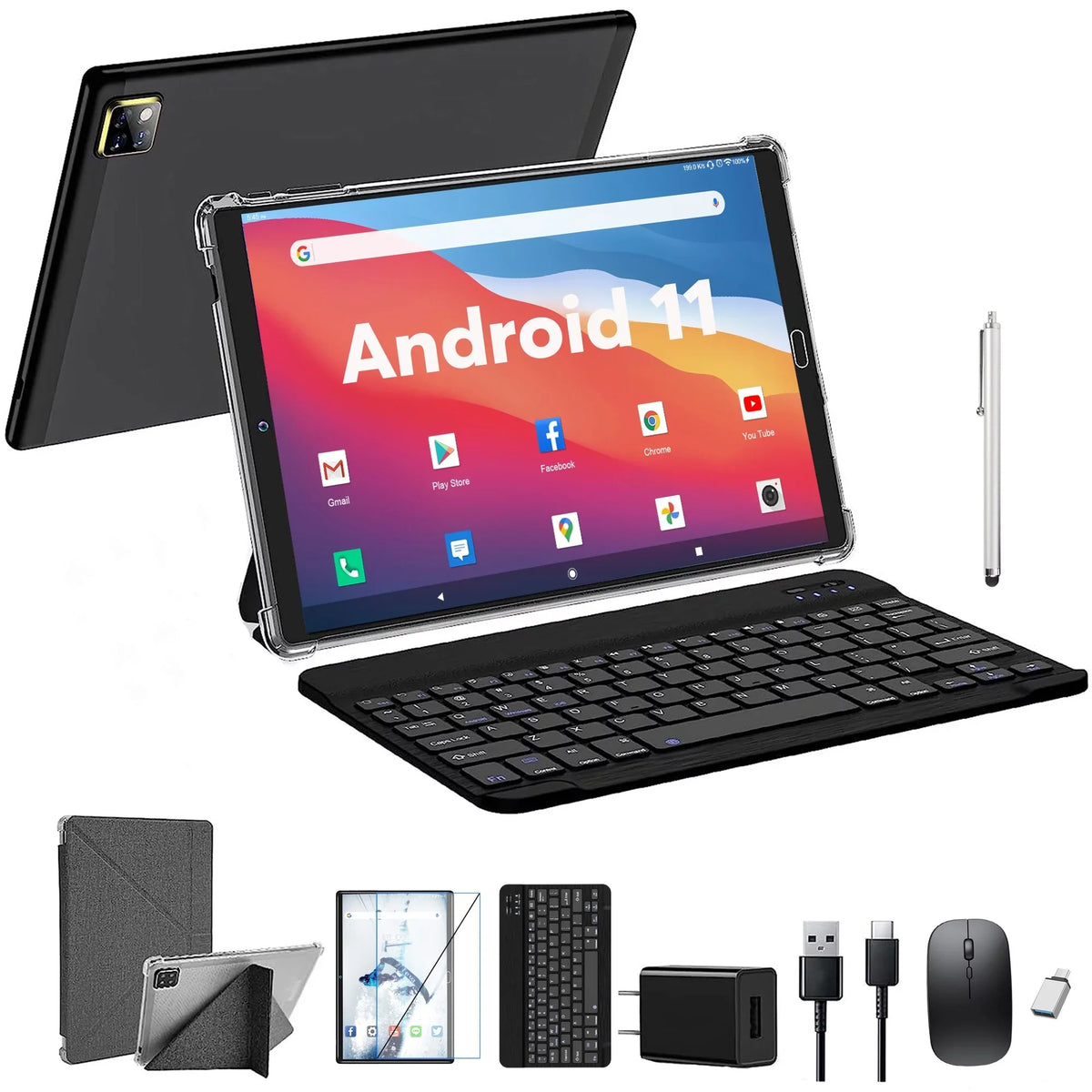 10 Centimeter Tablet Android 11 Tablets with Keyboard, 4GB RAM 64GB ROM 128GB Expand, 5G/2.4G Wi-Fi, HD IPS Display, 6000mAh Tablet PC with Case,Mouse,GMS Charcoal