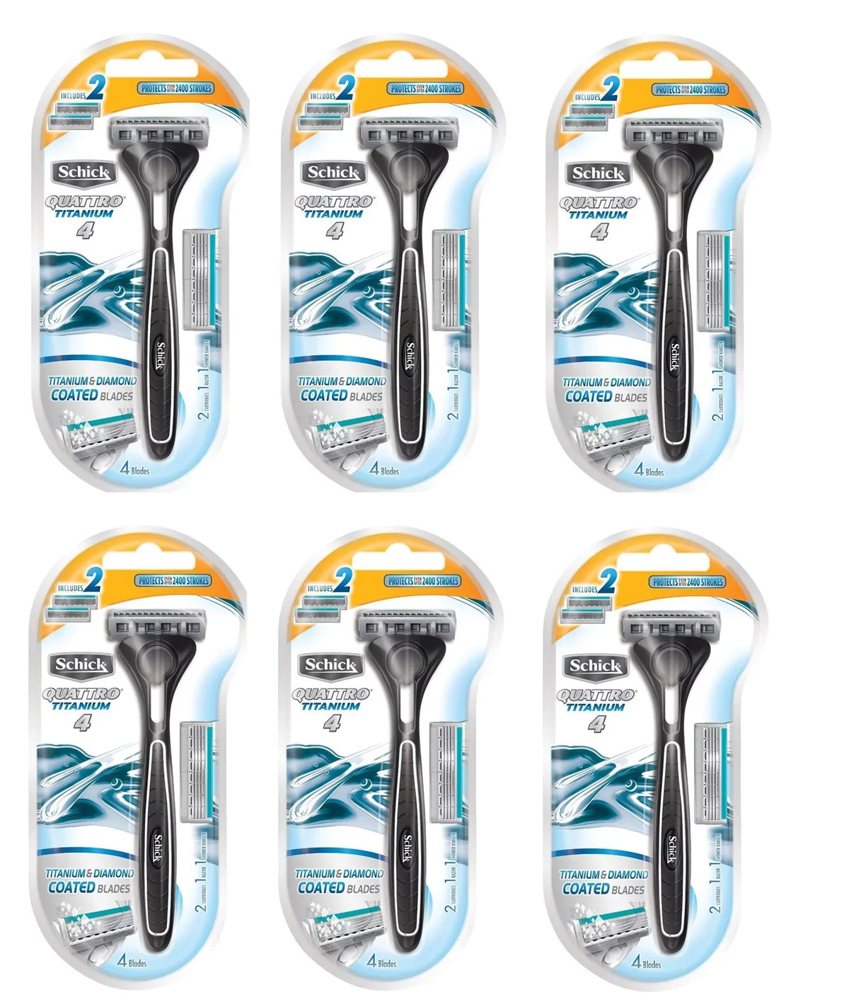 Schick Quattro Razor & Cartridges, Titanium Coated Blades, 1 Razor, 2 Cartridges (Pack of 6)