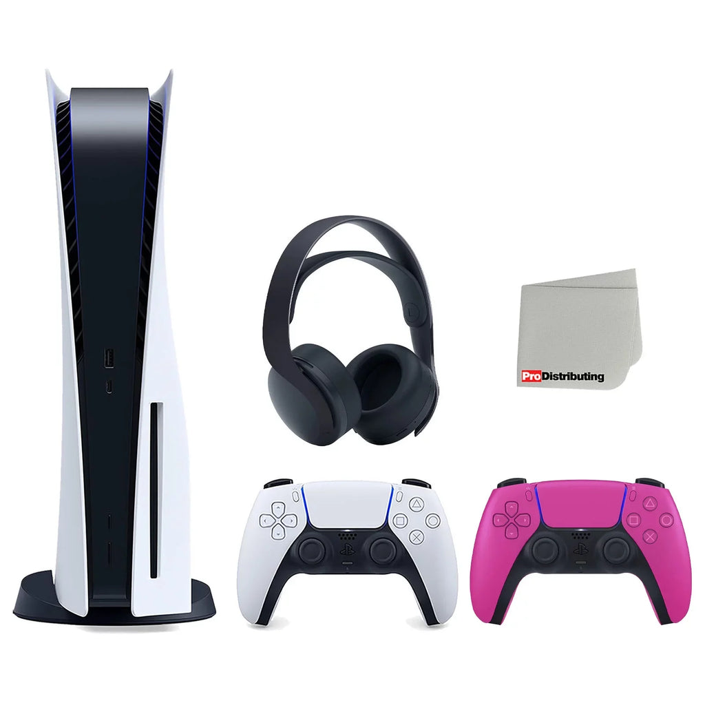 Sony Playstation 5 Disc Version Console with Extra Pink Controller and Charcoal PULSE 3D Headset Bundle with Cleaning Cloth