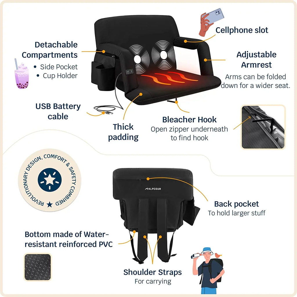 Alpcour X-Wide Heated Massage Reclining Stadium Seat - Extra Thick Waterproof Chair with Wide Back Support - Onyx