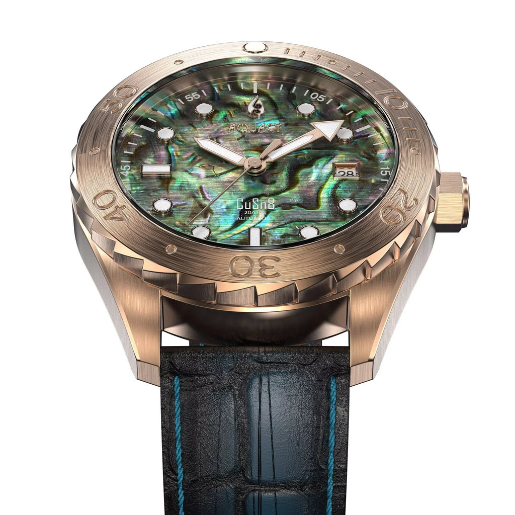 Aquacy Bronze CuSn8 Abalone Automatic Diver Watch BR.AB.8215.L - Screw Down 316L Stainless Case Back - 200M Water Resistance - 40 Hours Approx Power Reserve Dive Swimming Wrist Watches For Men