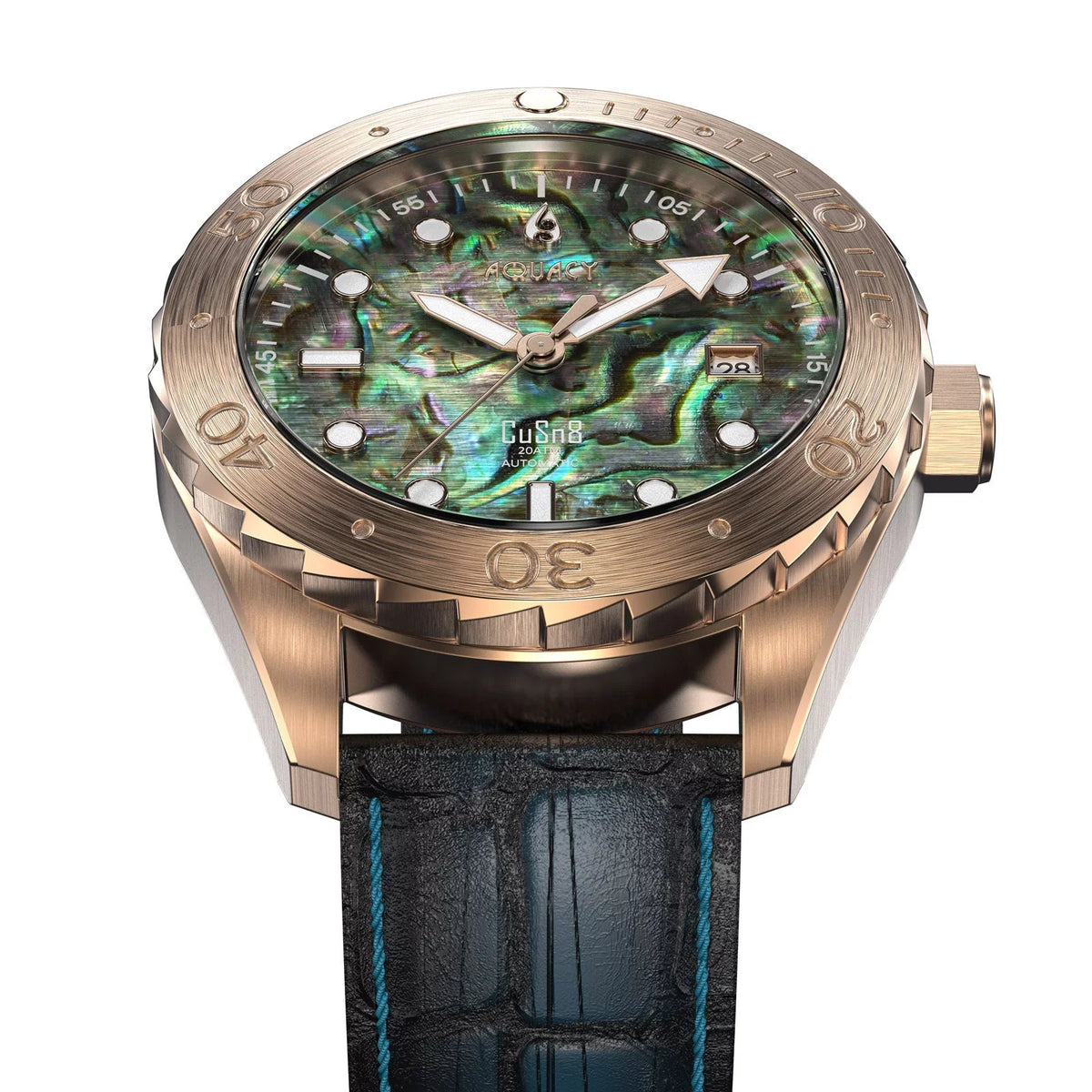 Aquacy Bronze CuSn8 Abalone Automatic Diver Watch BR.AB.8215.L - Screw Down 316L Stainless Case Back - 200M Water Resistance - 40 Hours Approx Power Reserve Dive Swimming Wrist Watches For Men