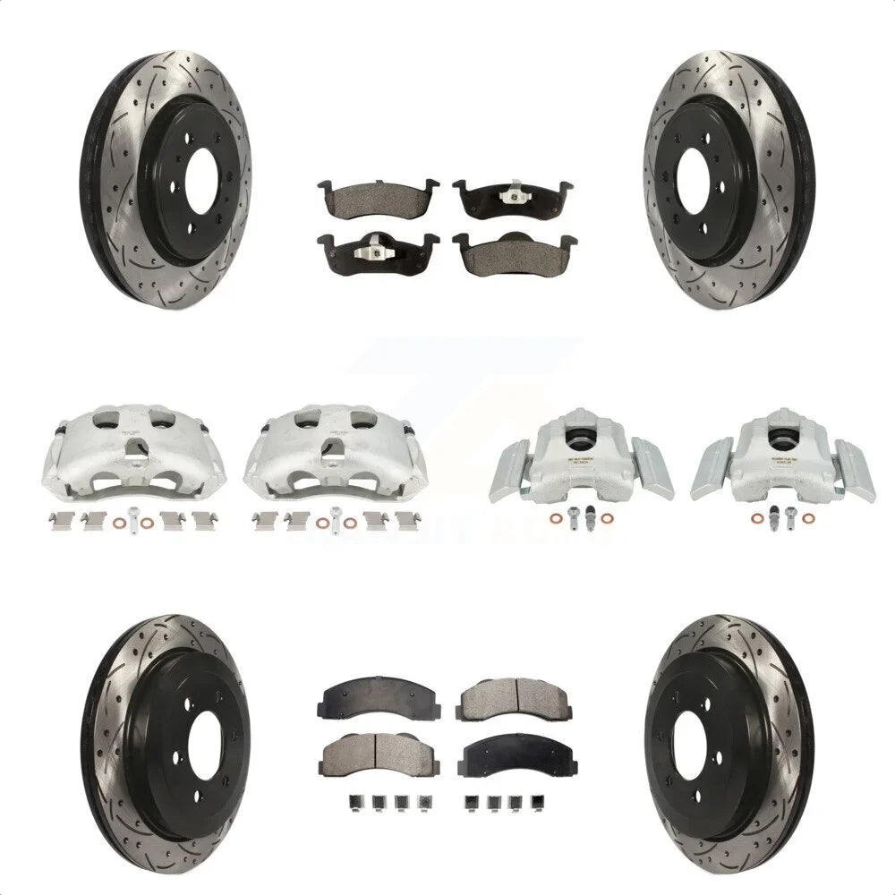 Transit Auto Front Rear Disc Brake Coated Caliper Drilled Slotted Rotors And Semi-Metallic Pads Kit (10Pc) For 2010-2017 Ford Expedition Lincoln Navigator KCD-100317P