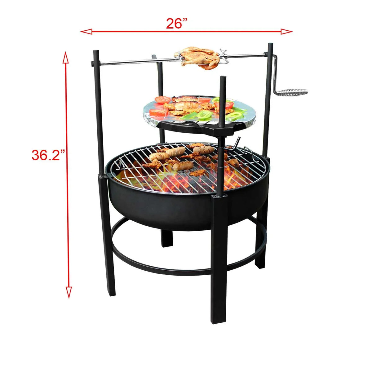 26 Centimeter outdoor portable fire pit table with grill and turkey fork, featuring barbecue, dining table, and campfire functions