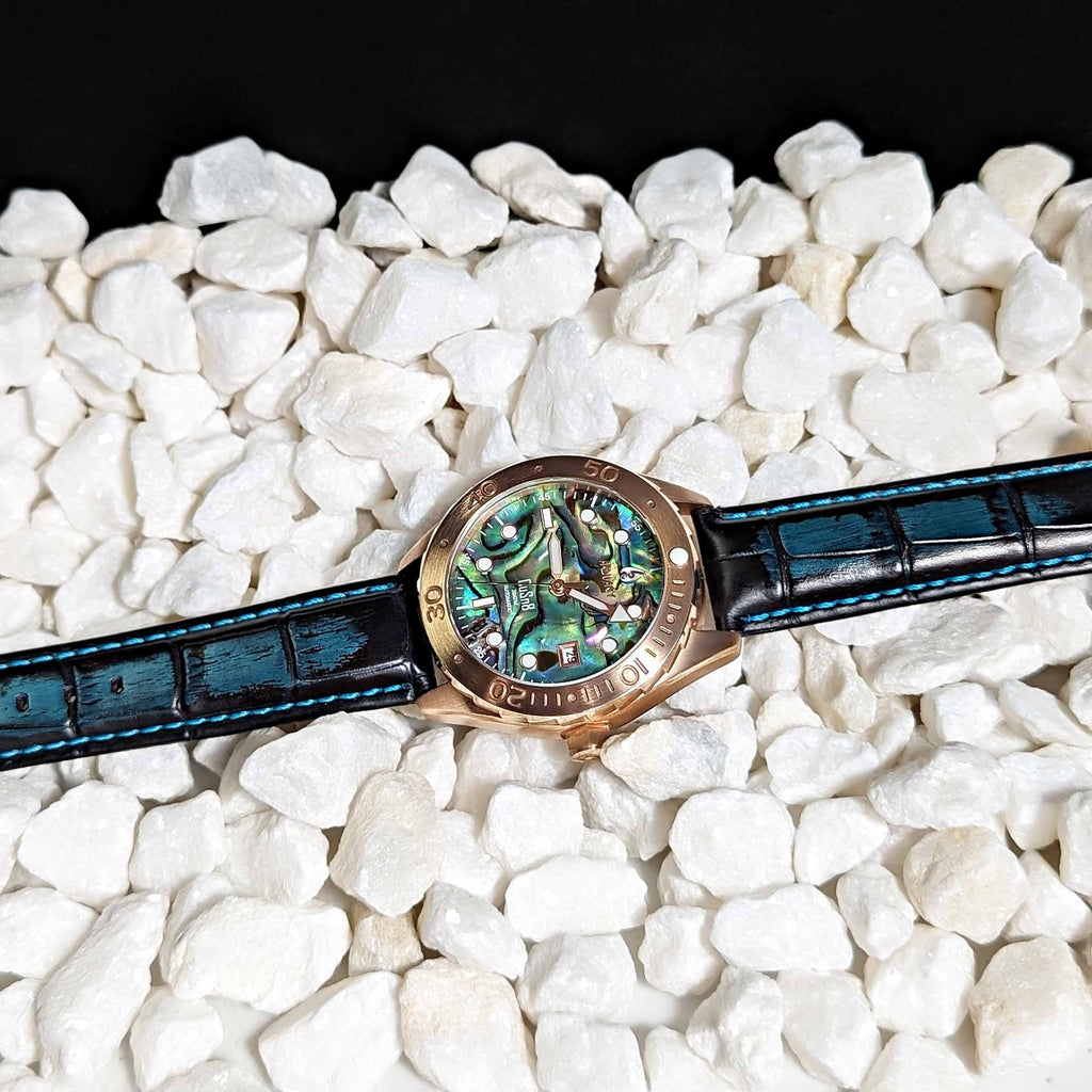 Aquacy Bronze CuSn8 Abalone Automatic Diver Watch BR.AB.8215.L - Screw Down 316L Stainless Case Back - 200M Water Resistance - 40 Hours Approx Power Reserve Dive Swimming Wrist Watches For Men