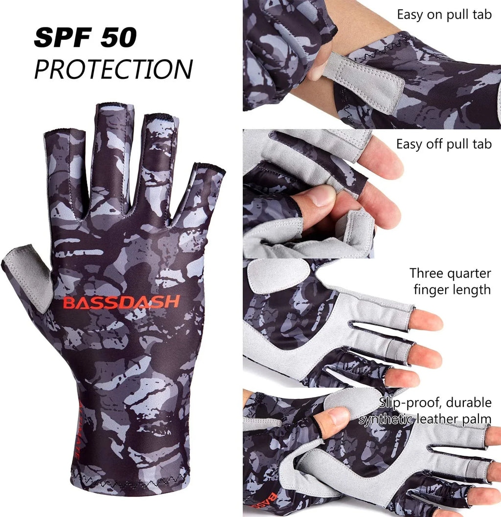 BASSDASH ALTIMATE Sun Protection Fingerless Hunting Fishing Gloves UPF 50+ Men s Women s UV Gloves for Kayaking Paddling Hiking Cycling Driving Shooting Training Charcoal Camo X-Large