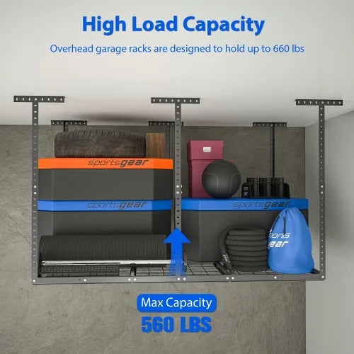 4x6ft Overhead Garage Storage Rack,Adjustable Garage Storage Organization Systerm,Heavy Duty Metal Garage Ceiling Storage Racks,560lbs Weight Midnight