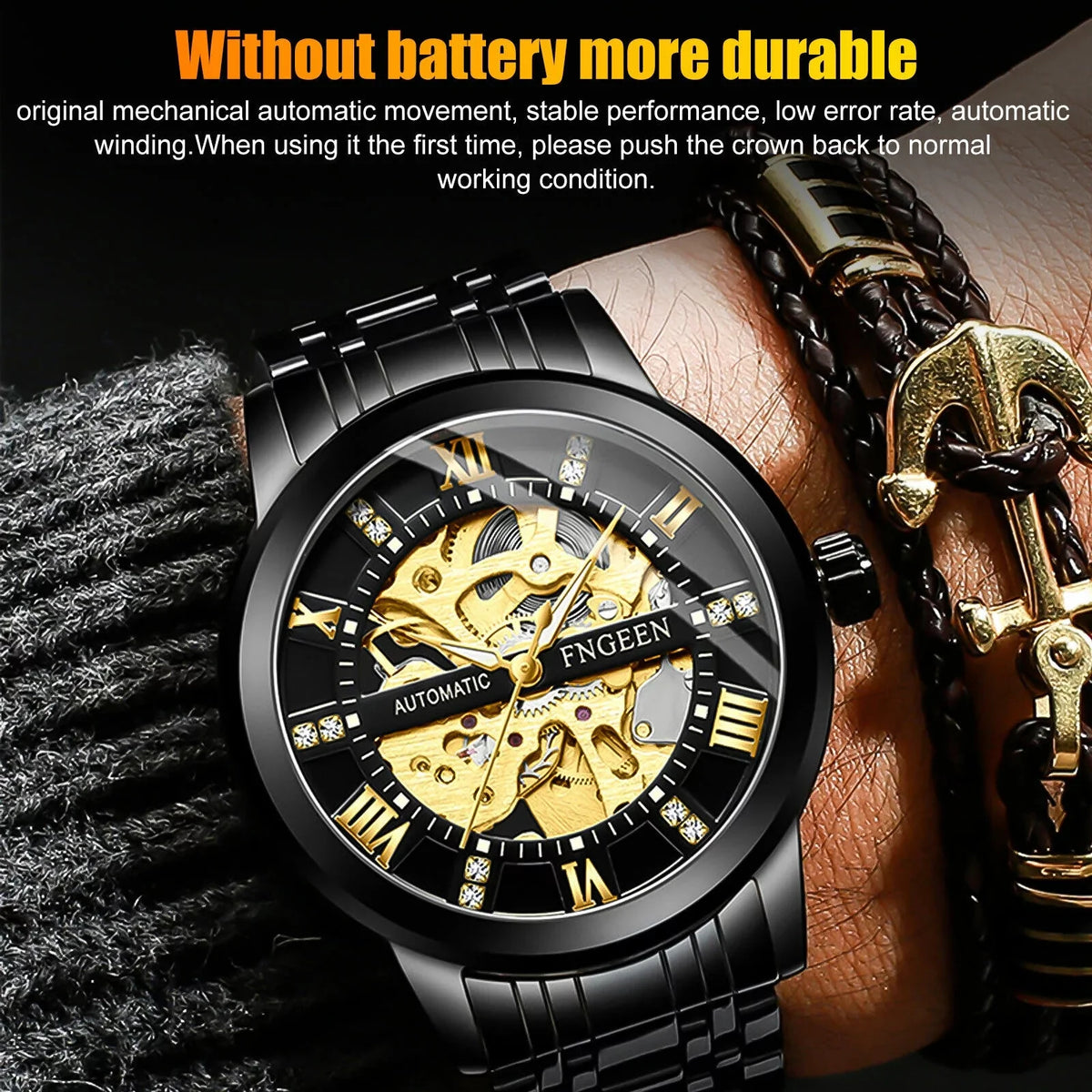 FNGEEN Men's Automatic Mechanical Stainless Steel Retro Luxury Hollow Dial Watch