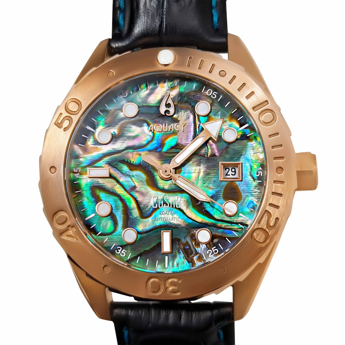 Aquacy Bronze CuSn8 Abalone Automatic Diver Watch BR.AB.8215.L - Screw Down 316L Stainless Case Back - 200M Water Resistance - 40 Hours Approx Power Reserve Dive Swimming Wrist Watches For Men