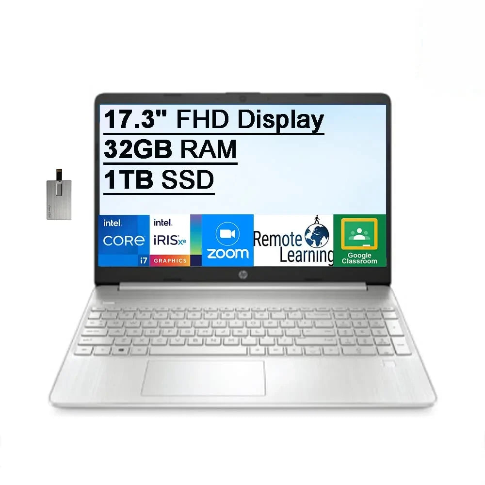 HP 2021 17.3" FHD IPS Laptop Computer, 11th Generation Intel Core i7-1165G7, 32GB RAM, 1TB PCIe SSD, Backlit Keyboard, Intel Iris Xe Graphics, HD Webcam, HD Audio, Windows OS, Silver, 32GB USB Card