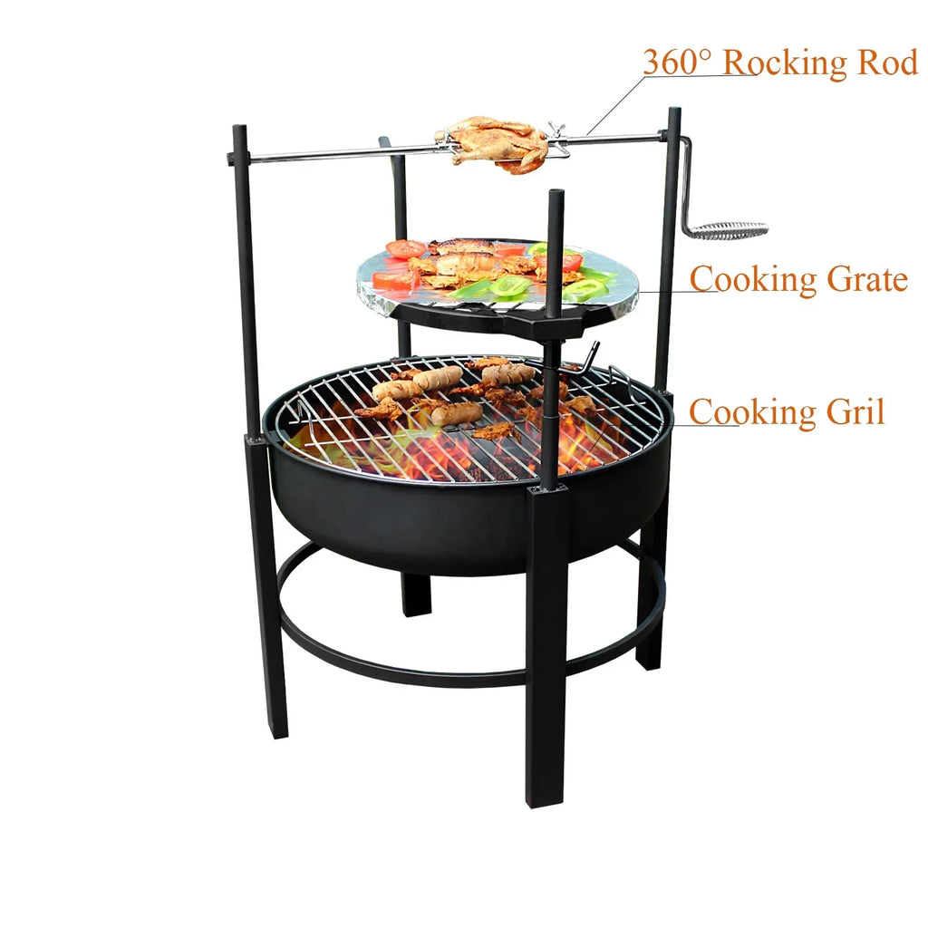26 Centimeter outdoor portable fire pit table with grill and turkey fork, featuring barbecue, dining table, and campfire functions