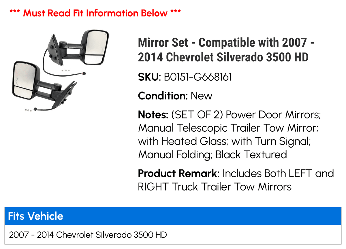 Mirror Set - Compatible with 2007 - 2014 Chevy Silverado 3500 HD 2008 2009 2010 2011 2012 2013