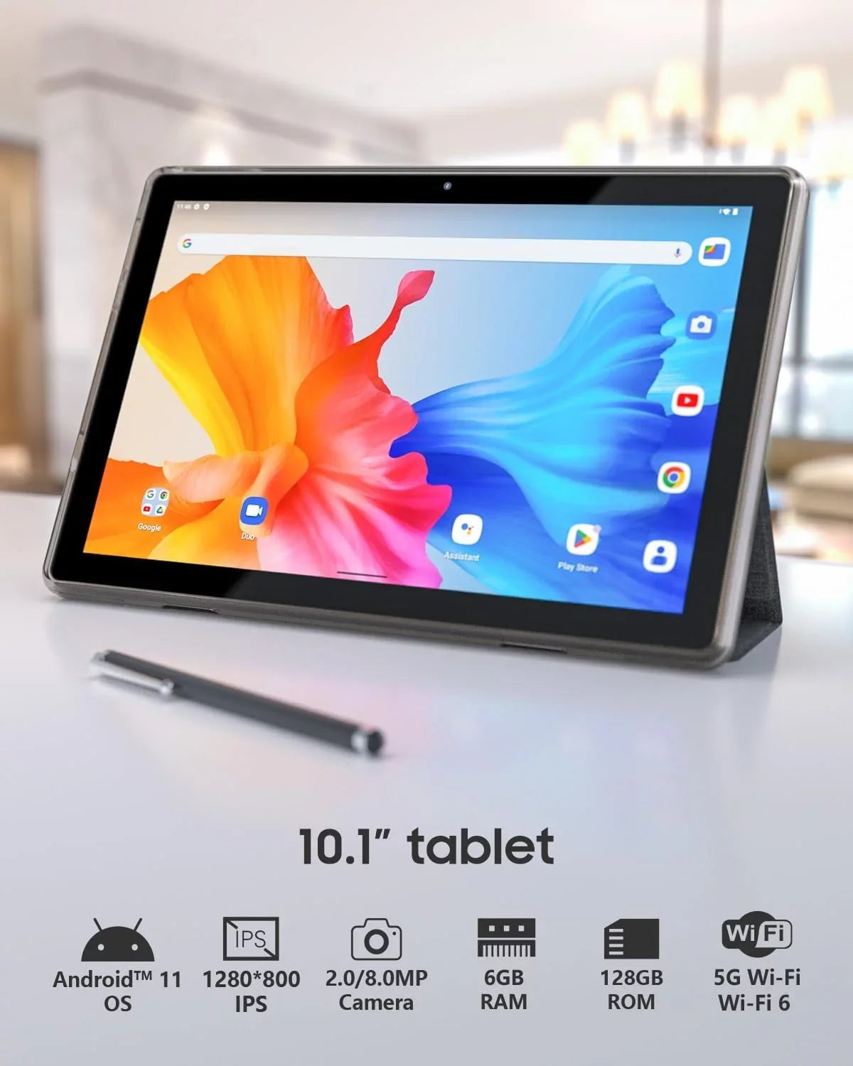 10 Inch Android 11 Tablet PC, 6GB RAM 128GB ROM/1TB Expandable Computer Tablets, BT 5G Wi-Fi 6 Quad Core Tableta, IPS HD Touch Screen, 8MP Camera, Google GMS Certified Tablets with Leather Midnight