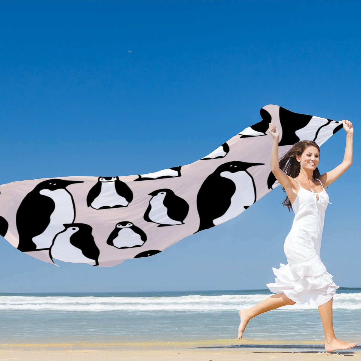 FREEAMG Penguins Silk Long Scarf for Women Large Oblong Sunscreen Shawls Wraps Neck Headscarf Hair Wraps Gift Packed
