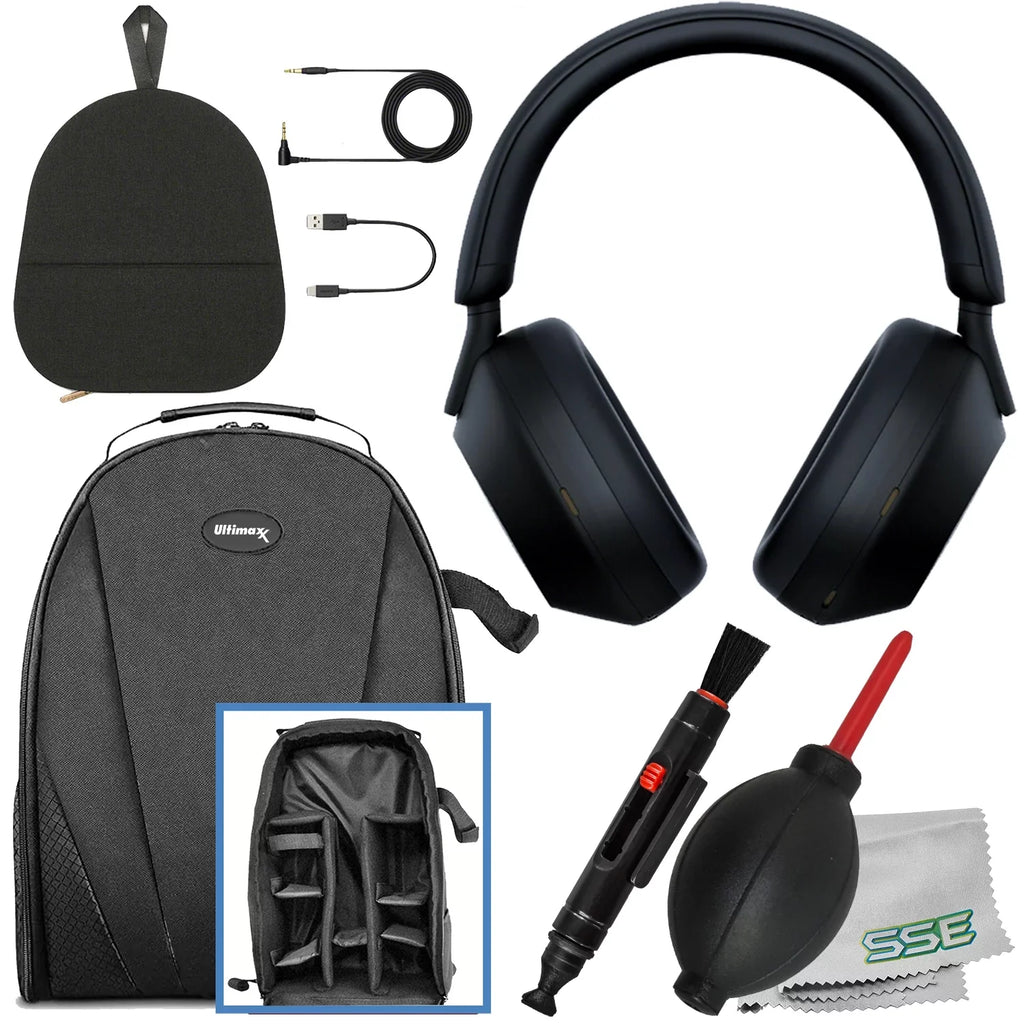 Ultimaxx Essential Sony WH-1000XM5 Noise-Canceling Wireless Over-Ear Headphones Bundle Onyx - Includes: Water-Resistant Gadget Backpack & More (7pc Bundle)