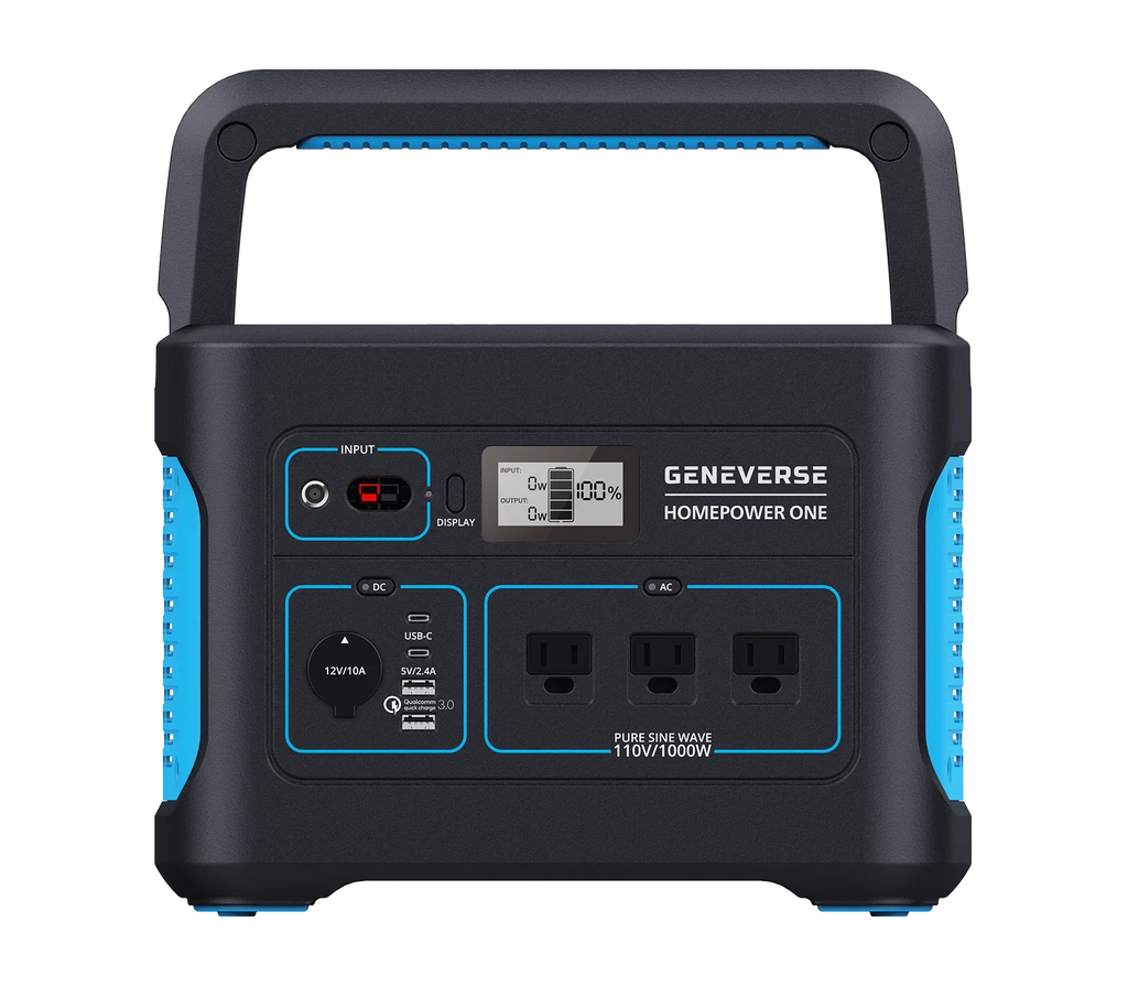 Geneverse 1002Wh (1x2) Solar Generator Bundle: 1X HomePower ONE Portable Power Station (3X 1000W AC Outlets) + 2X 100W Solar Panels. Quiet, Indoor-Safe Backup Battery Power Generator For Home Devices