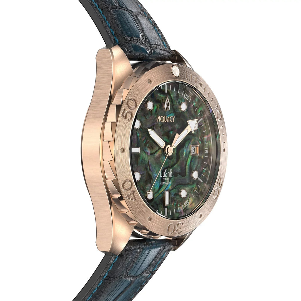 Aquacy Bronze CuSn8 Abalone Automatic Diver Watch BR.AB.8215.L - Screw Down 316L Stainless Case Back - 200M Water Resistance - 40 Hours Approx Power Reserve Dive Swimming Wrist Watches For Men