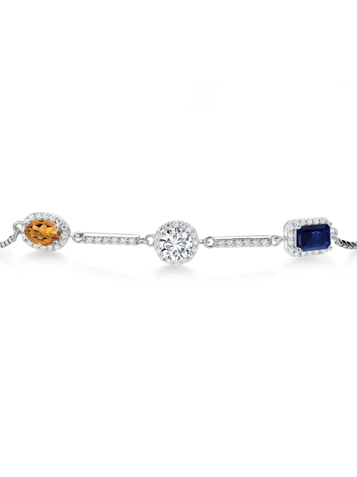 Gem Stone King Keren Hanan 925 Sterling Silver 3 Stone Moissanite Fully Adjustable Bracelet For Women Oval Round Octagon Madeira Citrine Lab Grown Diamond and Sapphire (1.85 Cttw)