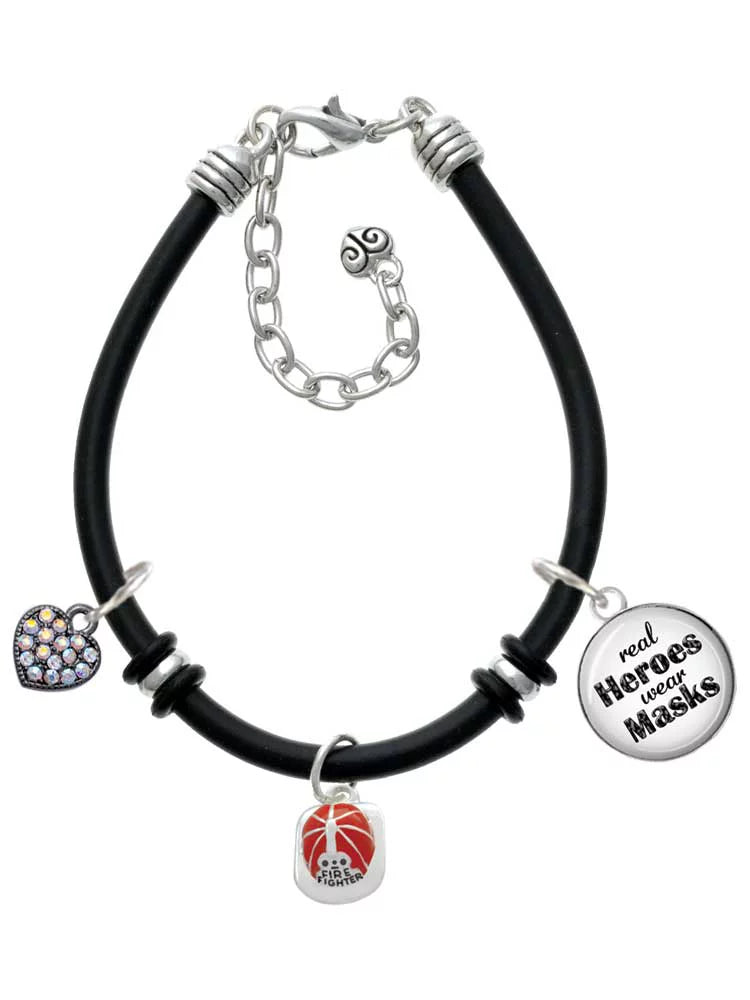 Delight Jewelry Silvertone Red Enamel Firefighter Helmet Dome Real Heroes Wear Masks Charcoal Rubber Charm Bracelet