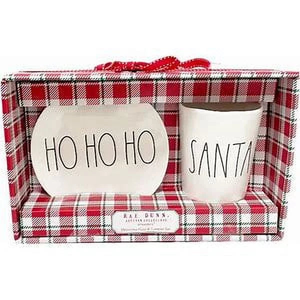 Rae Dunn HO HO HO Oval Plate and SANTA Tumbler Ivory Melamine with Charcoal LL Letters Gift Set Christmas