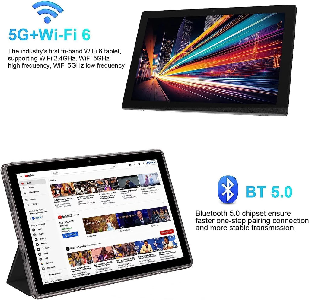 10 Inch Android 11 Tablet PC, 6GB RAM 128GB ROM/1TB Expandable Computer Tablets, BT 5G Wi-Fi 6 Quad Core Tableta, IPS HD Touch Screen, 8MP Camera, Google GMS Certified Tablets with Leather Midnight