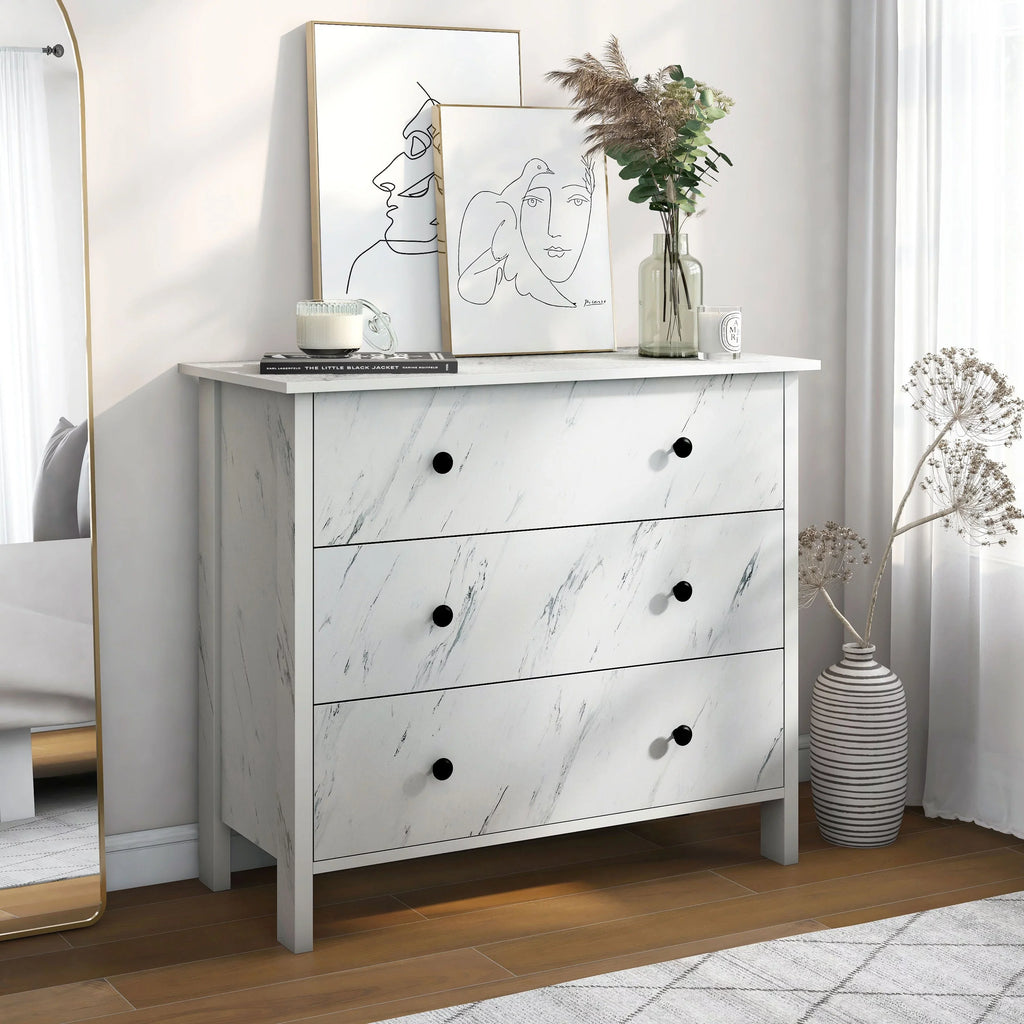 Denhour DH BASIC Transitional Unit Wide 3-Drawer Neutral Youth Dresser by White Marble
