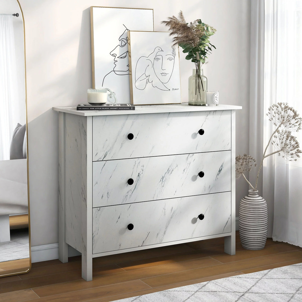 Denhour DH BASIC Transitional Unit Wide 3-Drawer Neutral Youth Dresser by White Marble