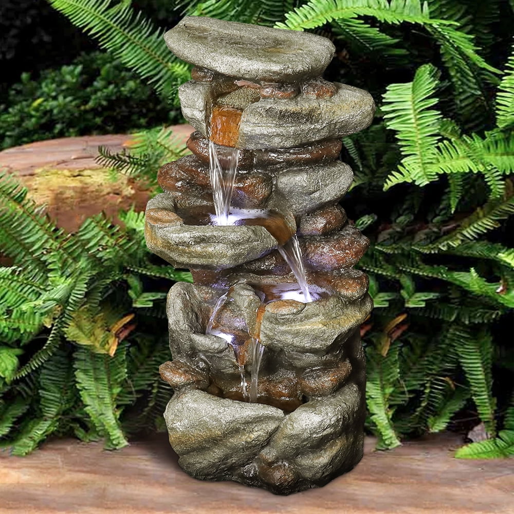 Unit High Outdoor Water Fountain with LED Lights - Cascading Water Feature for Home, Garden, Patio and Deck Decor