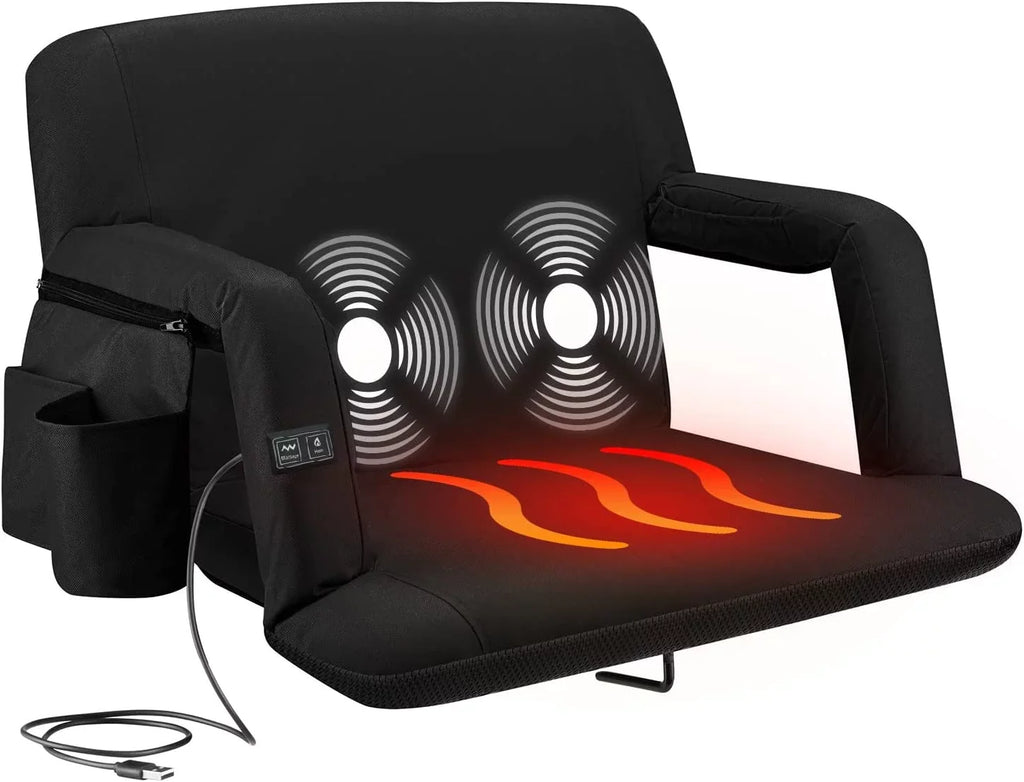 Alpcour X-Wide Heated Massage Reclining Stadium Seat - Extra Thick Waterproof Chair with Wide Back Support - Onyx