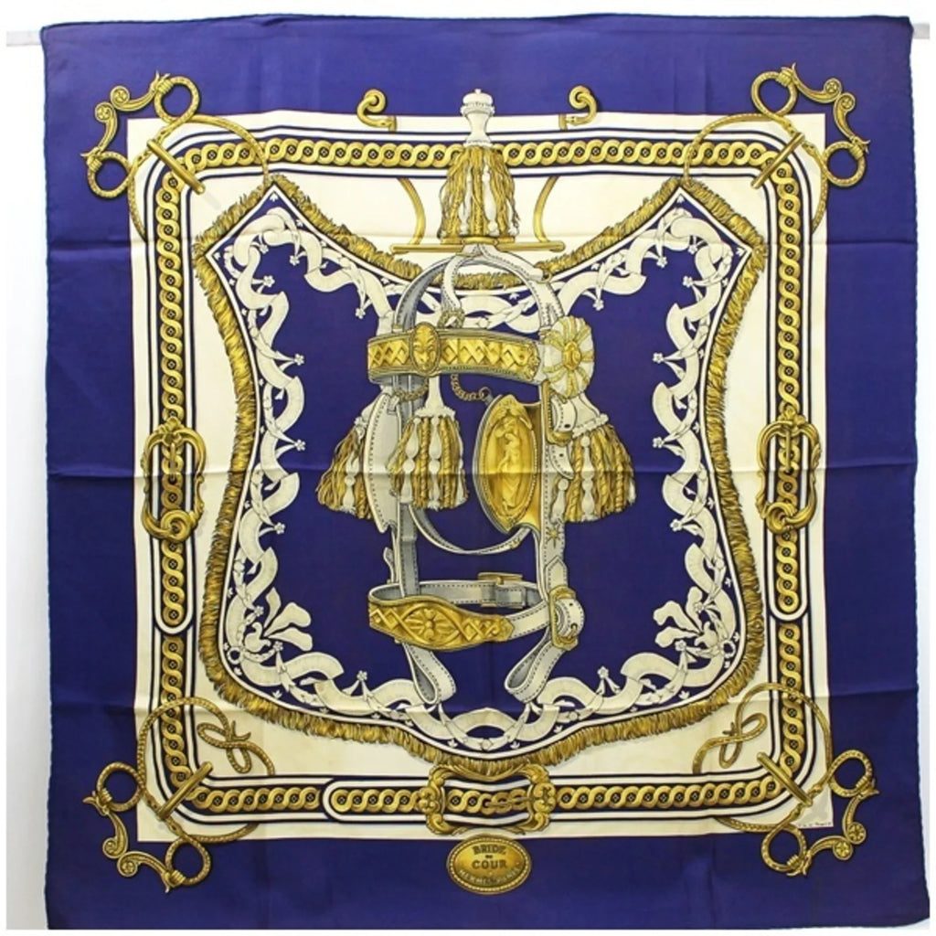Pre-Owned Hermes Scarf Muffler Carre 90 BRIDE DE COUR Navy HERMES Ladies (Fair)