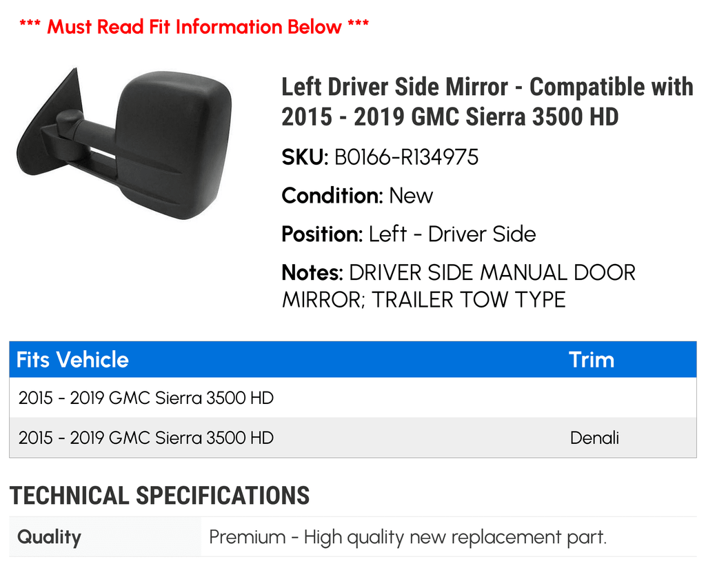 Left Driver Side Mirror - Compatible with 2015 - 2019 GMC Sierra 3500 HD 2016 2017 2018